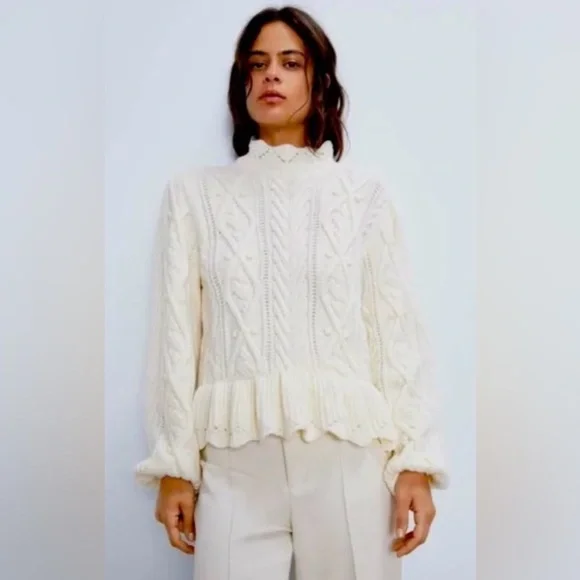 NWOT Zara Wool Blend Peplum Cable Knit Warm High Neck Cream Sweater Size Medium - Picture 2 of 13